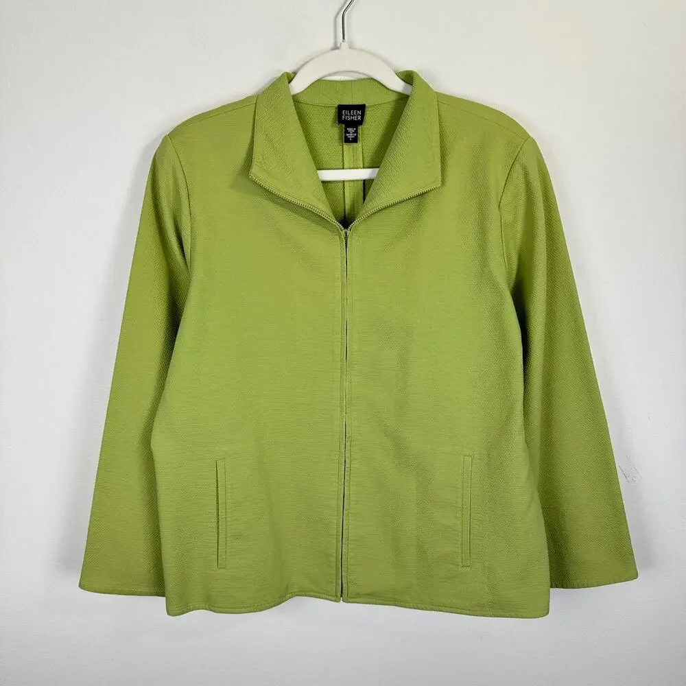 Eileen Fisher Jacket Womens Large Textured Zip Front Lightweight Lime Green